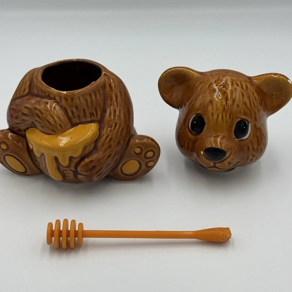 Vintage Brown Ceramic Teddy Bear Honey Pot Jar‎ with Dipper